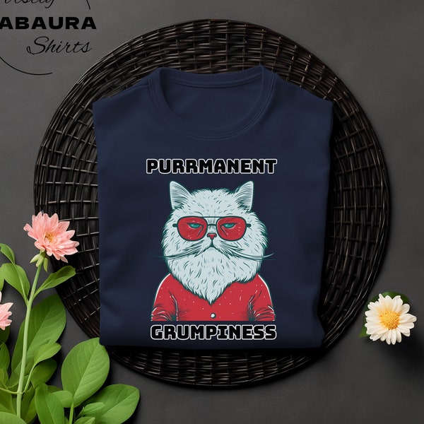 Unique Persian Cat Tshirt with Red Sunglasses - Purmanent Grumpiness Design