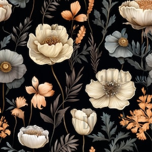 以下が含まれることがあります： 黒い背景にベージュ、茶色、グレーの花が描かれたシームレスなパターン。花はスタイリッシュで、ヴィンテージな雰囲気です。