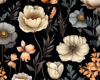 Boho Black Floral Seamless Pattern, Black and Rust Daisy Seamless File ...