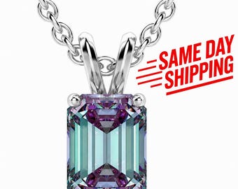 Emerald Cut Alexandrite Solitaire Pendant Necklace, 925 Sterling Silver