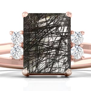 Emerald Cut Black Rutilated Quartz Engagement Ring Crystal Ring Cluster 925 Silver Engagement Ring Women Diamond Anniversary Promise Ring