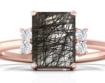 Anillo de cuarzo rutilado negro talla esmeralda, plata de ley, anillo llamativo de estilo vintage.