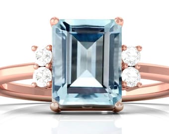 Emerald Cut Aquamarine Engagement Ring, 925 Sterling Silver, Art Deco Bridal Ring