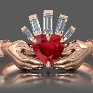 Bague Claddagh coeur rubis, bijoux de fiançailles celtiques irlandaises en argent sterling