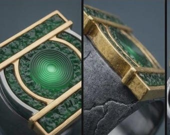 Anillo de Linterna Verde hecho a mano para hombre, anillo de superhéroe de plata antigua con piedra verde brillante, regalo de joyería rústica para geeks.