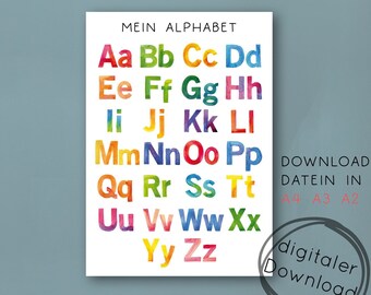 Poster Alphabet abc Kinder PDF – Bunte Kinderzimmer Deko, Buchstaben lernen, Montessori Lernposter Regenbogen, digitaler download druckbar