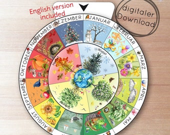 Seasons clock PDF with months for children, make your own Waldorf/Montessori perpetual calendar - DIY digital download, learn the seasons
