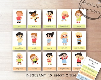May include: A set of 15 illustrated cards featuring different emotions, such as happy, sad, angry, and scared. Each card shows a cartoon character with a different facial expression. The cards are labeled with the German word for each emotion. The text "INSGESAMT 15 EMOTIONEN" is at the bottom of the cards.