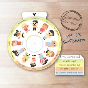 Puede incluir: Una rueda colorida con 12 caras ilustradas que representan diferentes emociones. La rueda está etiquetada con las palabras alemanas para cada emoción. El texto debajo de la rueda dice "Emotionsrad" e incluye una descripción de cómo alguien podría sentirse.