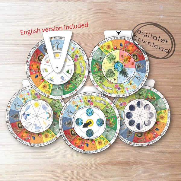 Set 5in1 Jahreszeitenuhr PDF für Kinder, Monatsuhr nach Waldorf Montessori DIY digitaler Download, Wetter Mondphasen Jahreszeiten lernen