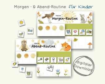 Morgen-Abend-Routine für Kinder, Tages-Plan Checkliste Familien-Alltag nach Montessori, pdf download zum Ausdrucken, im Boho Stil Waldtiere