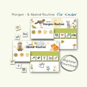 Könnte beinhalten: Zwei bunte Tafeln mit Illustrationen eines Vogels, eines Fuchses, einer Eule und einer Maus. Die Tafeln sind mit "Meine Morgenroutine" und "Meine Abendroutine" betitelt. Die Tafeln sollen Kindern helfen, die täglichen Abläufe zu lernen.