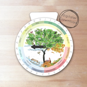 May include: A colorful wheel with the months of the year and seasons. The wheel is divided into four sections: winter, spring, summer, and fall. Each section is a different color and has a picture representing the season. The wheel is on a wooden background.