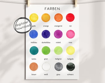 May include: A printable color chart with 16 watercolor circles, each labeled with a German word for a color. The colors include yellow, orange, red, pink, blue, purple, green, brown, white, gray, and black.