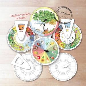 May include: A set of four colorful wheels with months of the year and seasons depicted around the edge. The wheels are designed to help children learn about the seasons and months of the year. The words "English versions included" are printed at the top of the image.
