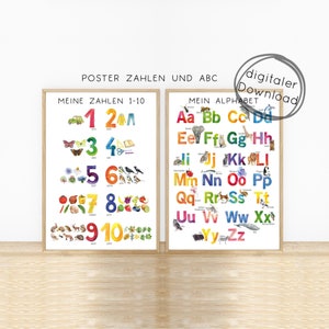Set: Póster números ABC infantil con imágenes PDF, aprender a contar hasta 10 con imágenes, Póster aprendizaje de los números del abecedario Montessori, descarga digital imprimible