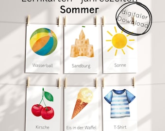 Summer learning cards PDF for children – picture card seasons with pictures learning, teaching material Montessori daycare school home preschool holidays