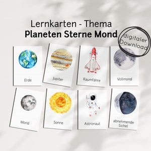 Tarjetas didácticas PDF Luna Planetas Estrellas Tierra para niños - tarjeta con imágenes aprendizaje, material didáctico Montessori guardería escuela hogar preescolar