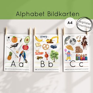 Tarjetas del alfabeto para niños PDF, decoración de pared habitación infantil escuela preescolar aprendizaje letras Montessori flashcards descarga digital imprimible