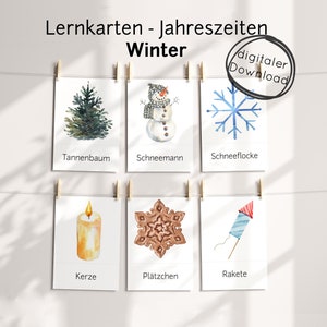 Winter Lernkarten PDF für Kinder – Bilderkarte Jahreszeiten mit Bildern Lernen, Lehrmaterial Montessori Kita Schule Zuhause Vorschule Advent