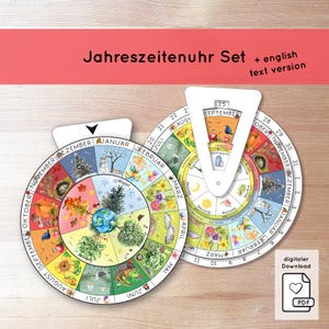 May include: A colorful Jahreszeitenuhr Set, a seasonal clock, with English text. The clock features a circular design with illustrations representing different months and seasons. The text "digitaler Download" and a PDF icon are visible.