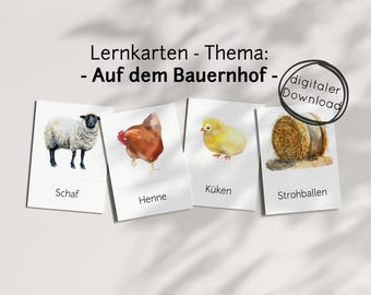 May include: Four illustrated flashcards with watercolor images of a sheep, a hen, a chick, and a bale of hay. The cards are labeled with the German words for each animal and object: Schaf, Henne, Küken, Strohballen.