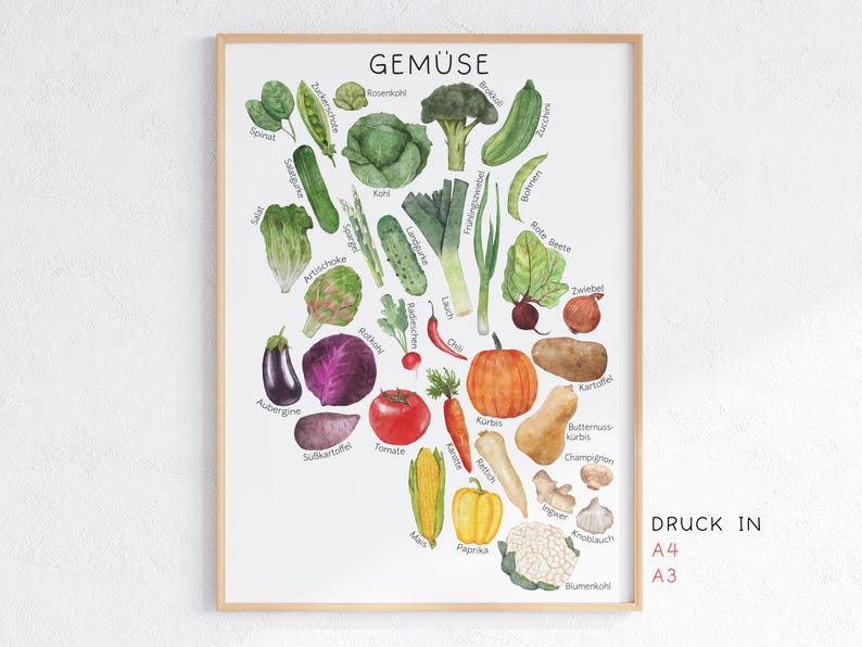 Pode incluir: Uma impress&atilde;o emoldurada com uma ilustra&ccedil;&atilde;o em aquarela de v&aacute;rios vegetais, cada um rotulado com seu nome alem&atilde;o. Os vegetais incluem espinafre, abobrinha, br&oacute;colis, berinjela, tomate e muito mais. A palavra "GEM&Uuml;SE" est&aacute; no topo.