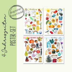Poster 4-Set Jahreszeiten Symbole für Kinder, Frühling Sommer Herbst Winter lernen als Digitaler Download PDF zum Ausdrucken, Waldorf