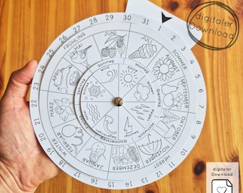 Printable PDF of the annual cycle, 4 seasons, months, days, Waldorf/Montessori-inspired seasonal clock for children, kindergarten, school, coloring template