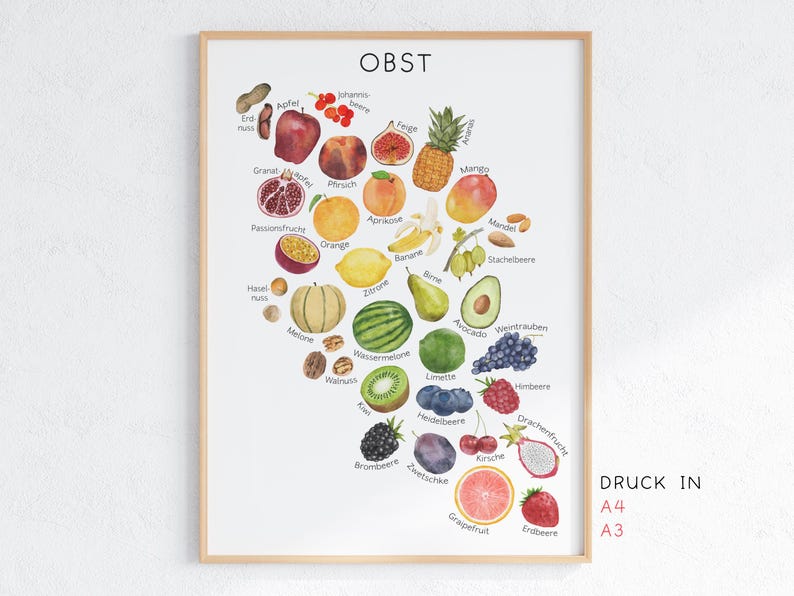 Pode incluir: Uma impress&atilde;o emoldurada com uma ilustra&ccedil;&atilde;o em aquarela de v&aacute;rias frutas, como ma&ccedil;&atilde;s, laranjas e bagas, com r&oacute;tulos em alem&atilde;o. A palavra "OBST" est&aacute; no topo. A impress&atilde;o tamb&eacute;m inclui o texto "DRUCK IN A4 A3".