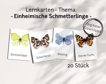 Butterfly flashcards for children (PDF) / Learning insects and animals, Montessori learning toy, digital download and printable, watercolor picture cards for children