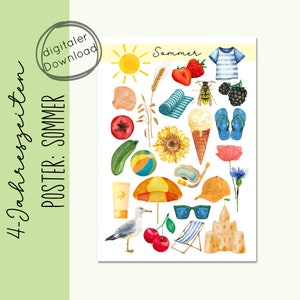 Poster con simboli estivi per bambini, impara le stagioni in formato PDF digitale da scaricare e stampare, ispirato a Waldorf e Montessori