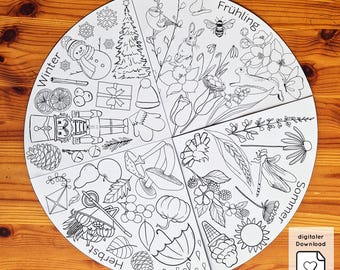 Annual cycle PDF printable, laying circle 4 seasons, seasonal clock according to Waldorf/Montessori for children, daycare school, coloring template