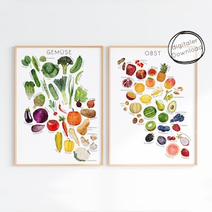 Puede incluir: Dos láminas enmarcadas en acuarela. Una presenta varias verduras con la palabra alemana "GEMÜSE" en la parte superior. La otra lámina muestra frutas con la palabra alemana "OBST". Ambas láminas tienen un sello de "digitaler Download".