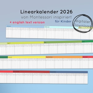 Calendario lineal 2026 para niños (PDF), tiempo de aprendizaje, días, meses, jardín de infancia, escuela, preescolar, calendario infantil Montessori, descarga, imprime, hazlo tú mismo