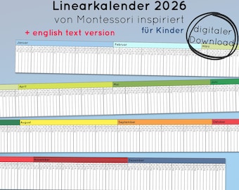 Linearkalender 2026 für Kinder PDF, Zeit Tage Monate lernen, Kita Schule Vorschule Montessori Kinderkalender, download ausdrucken DIY