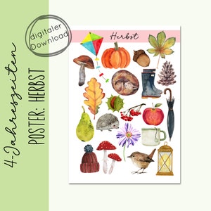 Poster Herbst Symbole für Kinder, Jahreszeiten lernen als Digitaler Download PDF zum Ausdrucken, Waldorf & Montessori inspiriert
