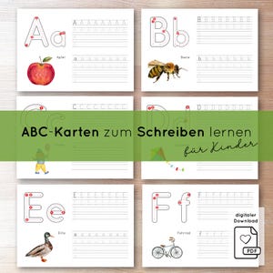 May include: A set of printable ABC learning cards for children. Each card features a letter, tracing guides, and an illustration. Includes a red apple, a bee, a clown, a kite, a duck, and a bicycle. The text "ABC-Karten zum Schreiben lernen für Kinder" is visible.