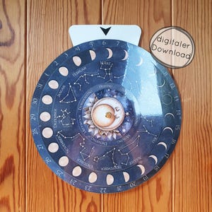 Calendario lunare PDF, disco celeste, modello artigianale fai-da-te, segni zodiacali, cielo, stelle, fasi lunari, astrologia, decorazione del calendario da parete