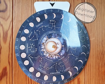 Kalendarz księżycowy w formacie PDF, dysk nieba, szablon do samodzielnego wykonania, znak zodiaku, niebo, gwiazdy, księżyc, fazy księżyca, astrologia, dekoracja ścienna kalendarza ściennego