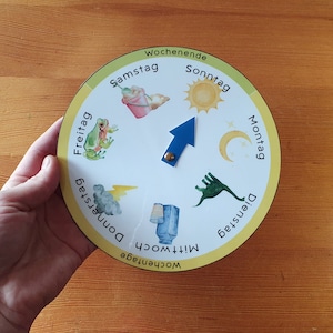 Wochen-Tags-Uhr laminiert mit Symbolen für Kinder, Wochentage & Zeit lernen, Rad zum selber Basteln, für Zuhause Kita Schule Alltag