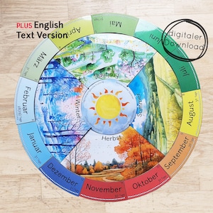 Può includere: Un grafico educativo circolare che illustra le stagioni e i mesi. Il design presenta illustrazioni ad acquerello di paesaggi che rappresentano ogni stagione, con testo in tedesco e inglese. Il grafico include il testo "digitaler Download".