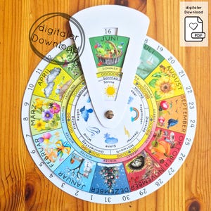 May include: A colorful, circular calendar with seasonal illustrations and a rotating dial. The calendar features months, dates, and weather symbols, with the text "digitaler Download" and a PDF icon.