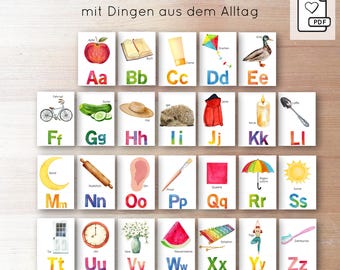 PDF learning cards ABC children's cards with everyday life – learn capital letters, Waldorf Montessori learning toy, digital download template printable