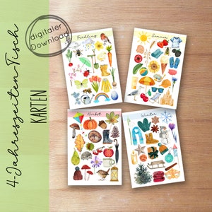 Cartes de table saisonnières pour enfants, apprentissage du printemps, de l'été, de l'automne et de l'hiver, téléchargement numérique PDF pour impression, Waldorf et Montessori