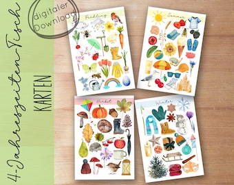 May include: Four illustrated cards with watercolor images representing the four seasons: spring, summer, fall, and winter. Each card has a title in German: Frühling, Sommer, Herbst, Winter.