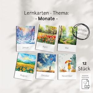 Può includere: Un set di 12 flashcard ad acquerello con illustrazioni di paesaggi stagionali. Ogni carta mostra il nome di un mese: gennaio, aprile, maggio, agosto, ottobre e novembre. Le carte sono etichettate come "download digitale."