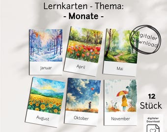 May include: A set of 12 watercolor flashcards featuring seasonal landscape illustrations. Each card displays a month's name: January, April, May, August, October, and November. The cards are labeled "digital download."