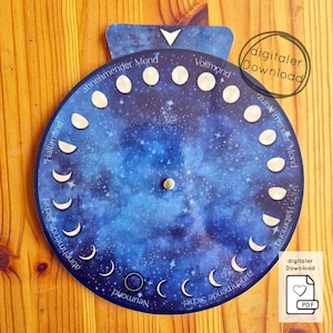 May include: A circular educational chart depicting the phases of the moon against a dark blue, starry background. The chart includes labels such as "New Moon" and "Full Moon", and a small, gold-colored fastener in the center. The words "digitaler Download" are also visible.
