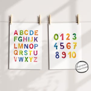 Cartel PDF set números ABC imagen infantil, aprender a contar hasta 10, cartel de aprendizaje de números del alfabeto Waldorf Montessori, descarga digital imprimible